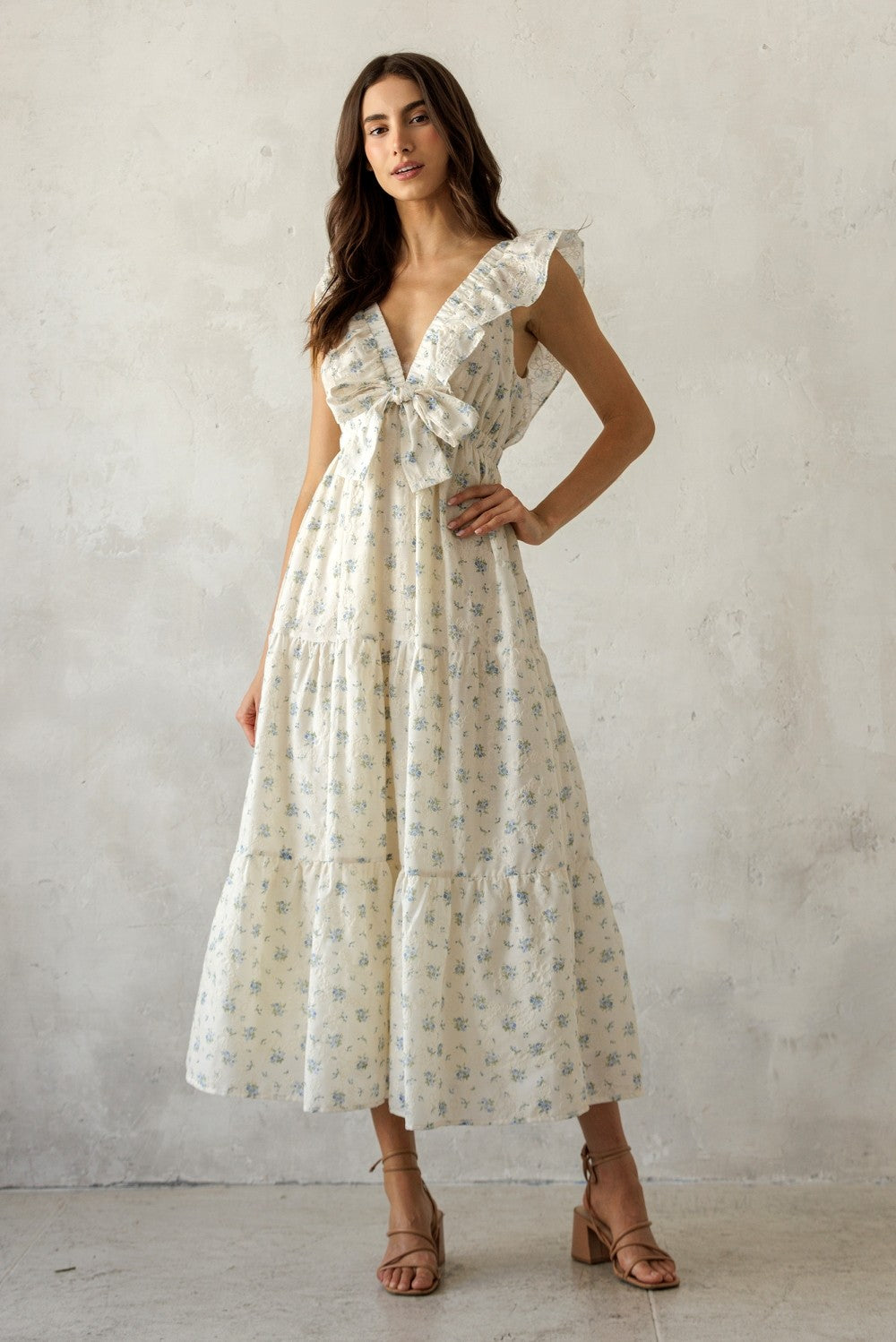 Cream Floral Front Bow Open Back Maternity Midi Dress