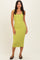 woman wearing a fitted lime green midi dress with a scoop neckline and ribbed texture