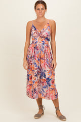 Pink Tropical Floral Twisted Front Cutout Maternity Midi Dress