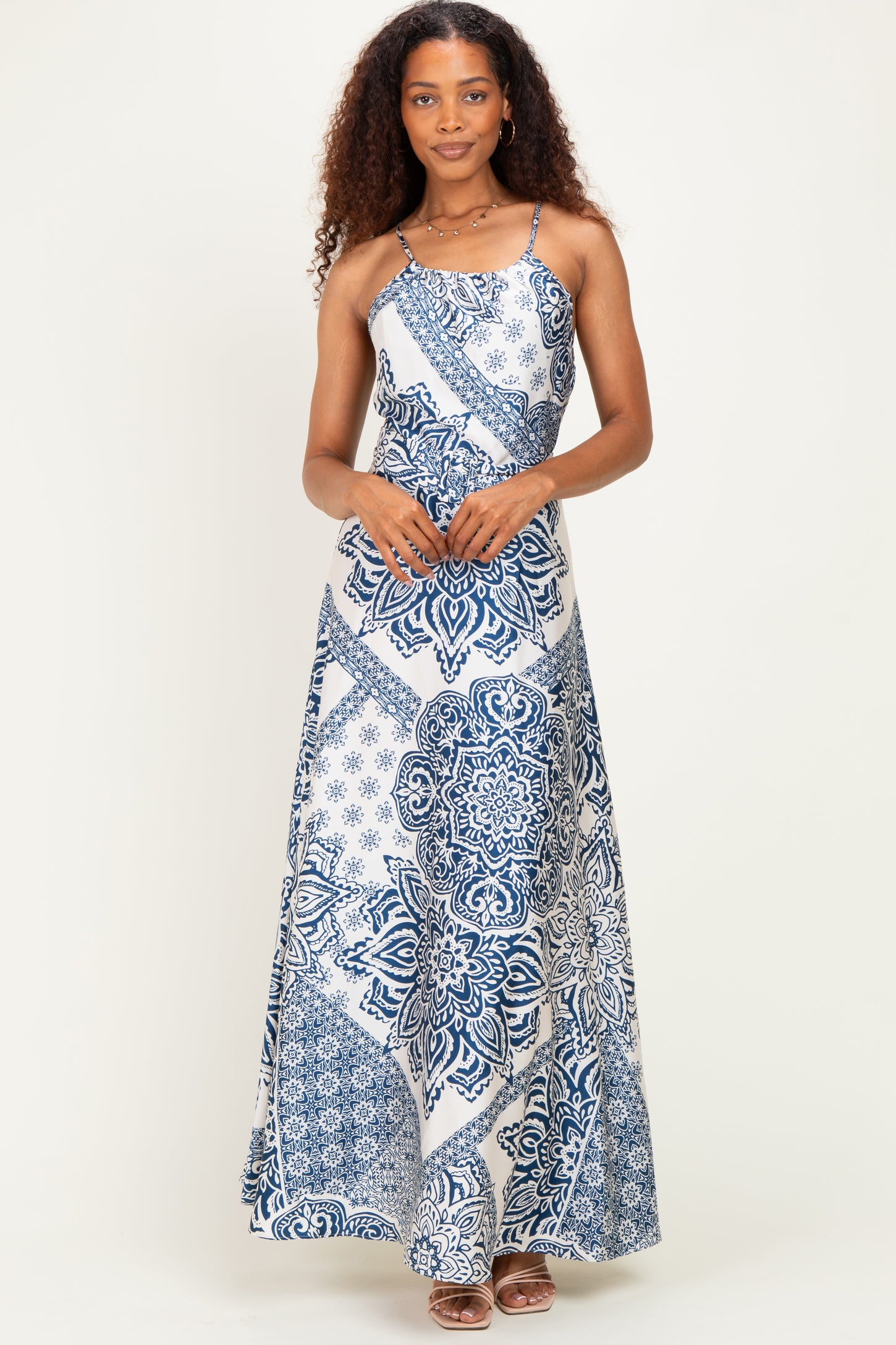 Navy Satin Floral Crossback Maternity Maxi Dress