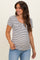 woman wearing a striped maternity t-shirt with short sleeves and a scoop neckline, highlighting her baby bump