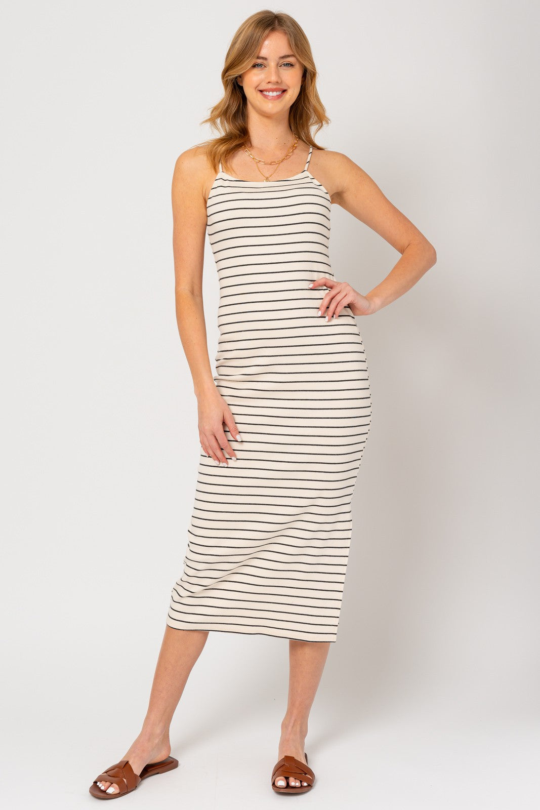 Cream Striped Sleeveless Side Slit Maternity Midi Dress