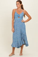 Cornflower V Neck Twist Front Cut Out Side Ruffle Slit Maternity Midi Dress
