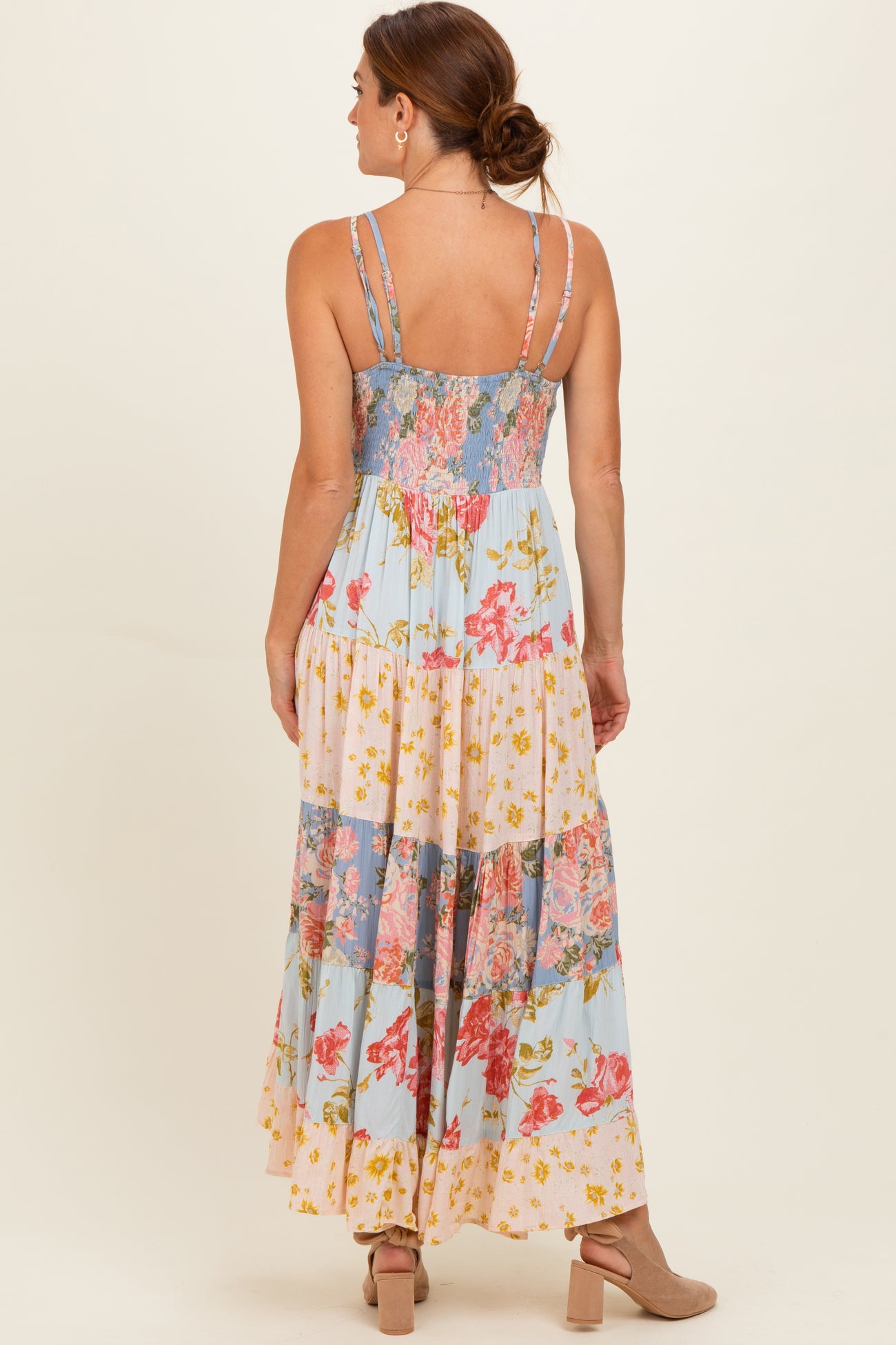 Multicolor Printed Lace Inset Tiered Maxi Dress
