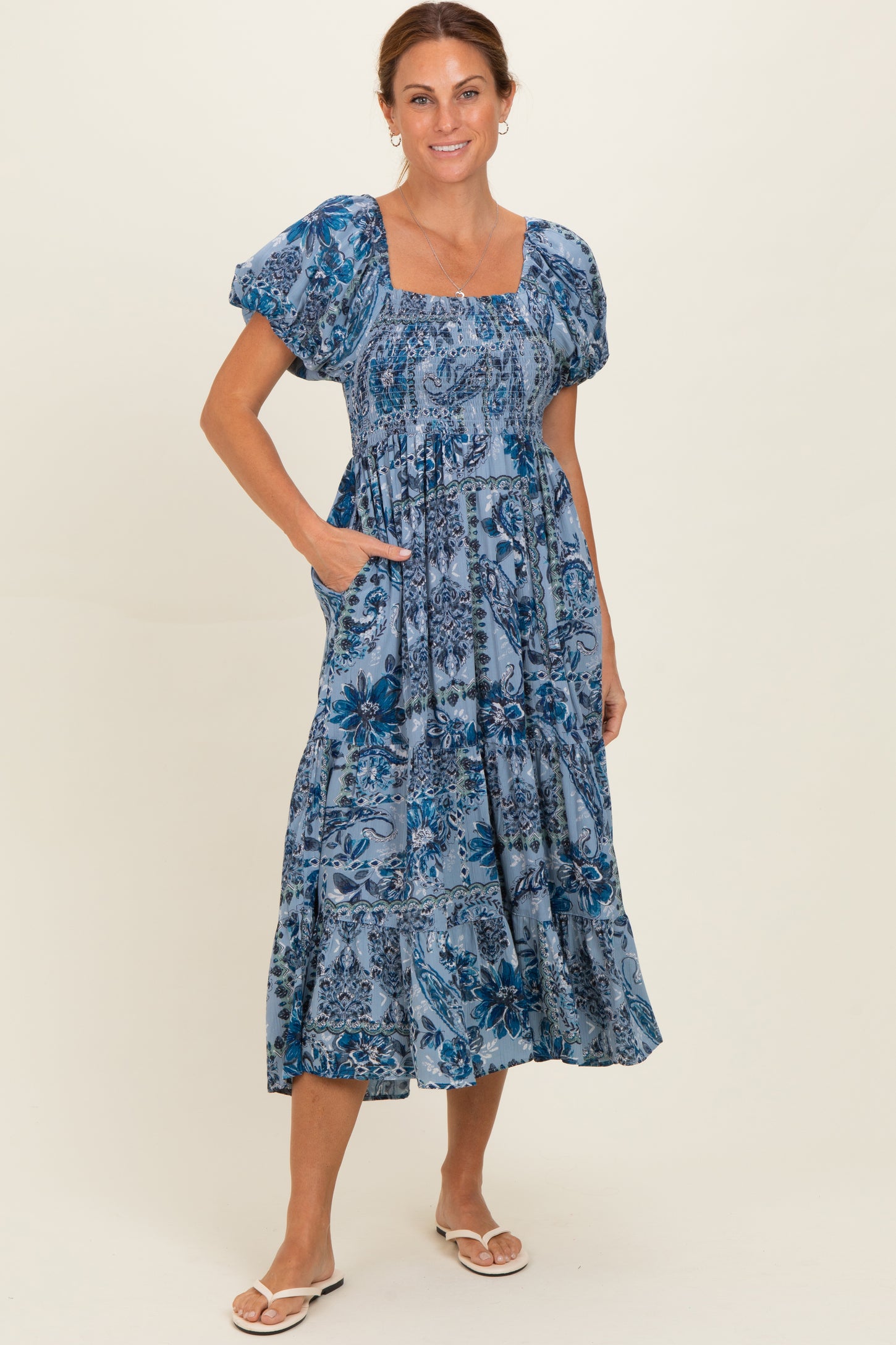 Blue Smocked Bodice Puff Sleeve Printed Maternity Midi Dress