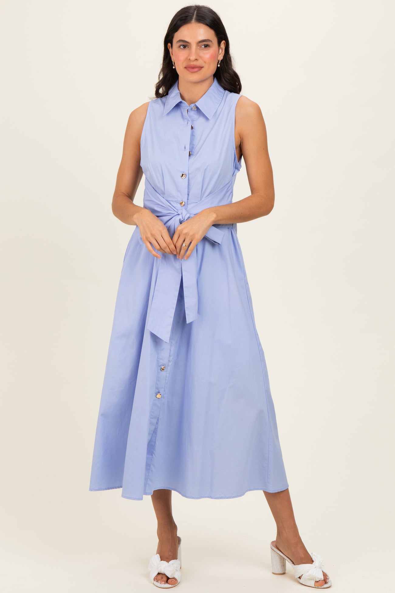 Chambray Button Up Sleeveless Maternity Midi Dress
