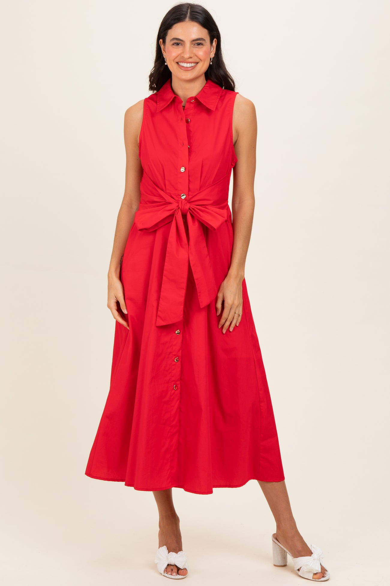 Red Button Up Sleeveless Maternity Midi Dress