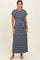 woman wearing a navy and white striped maxi dress with a tie waist detail and short sleeves