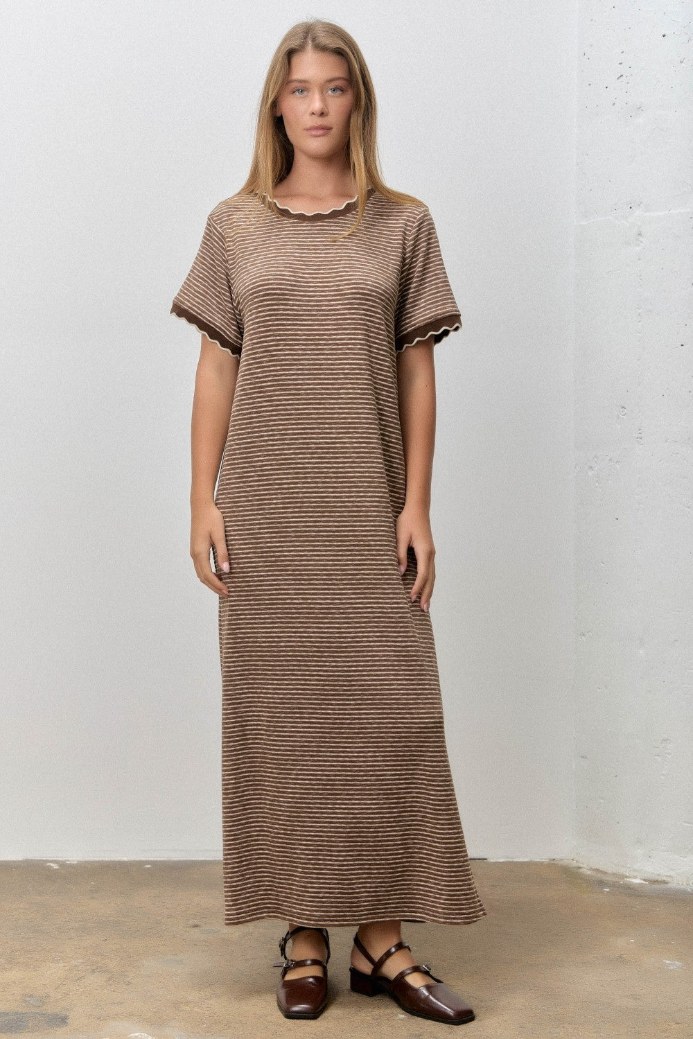 Mocha Striped Knit Scallop Accent Maternity Maxi Dress