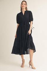 Black Drawstring Waist Tiered Maternity Midi Dress