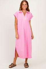 Pink Striped Collared Side Slit Maternity Midi Dress