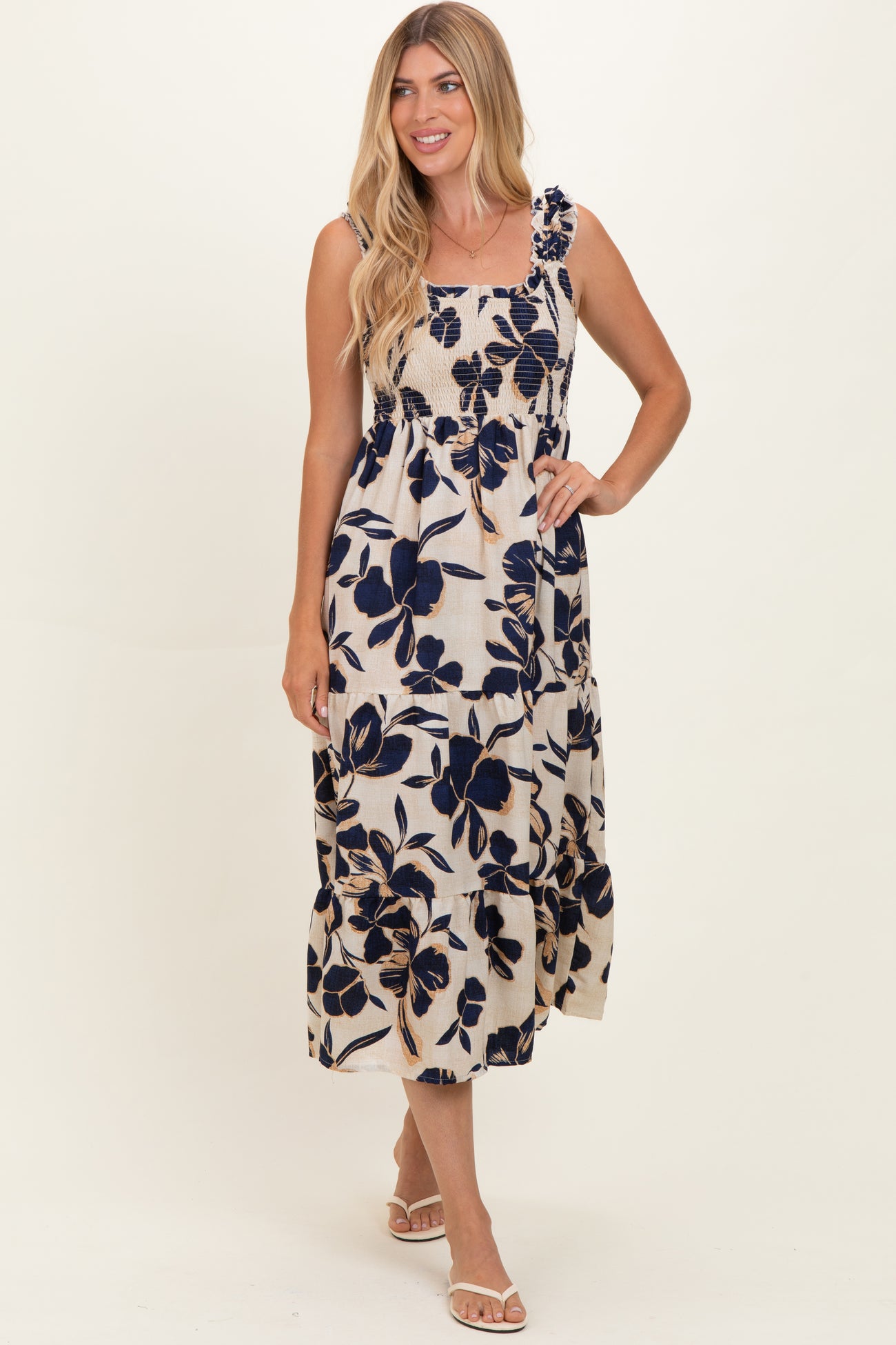 Navy Floral Smocked Tiered Maternity Midi Dress