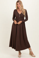 Brown Ribbed Knit Long Sleeve Maternity Maxi Dress