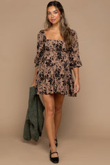 Taupe Floral Square Neck Maternity Dress