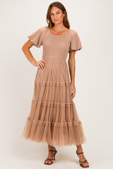 Brown Smocked Square Neck Tiered Maternity Midi Dress