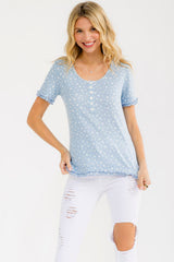 Blue Floral Ruffle Trim Henley Top
