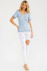 Blue Floral Ruffle Trim Henley Top