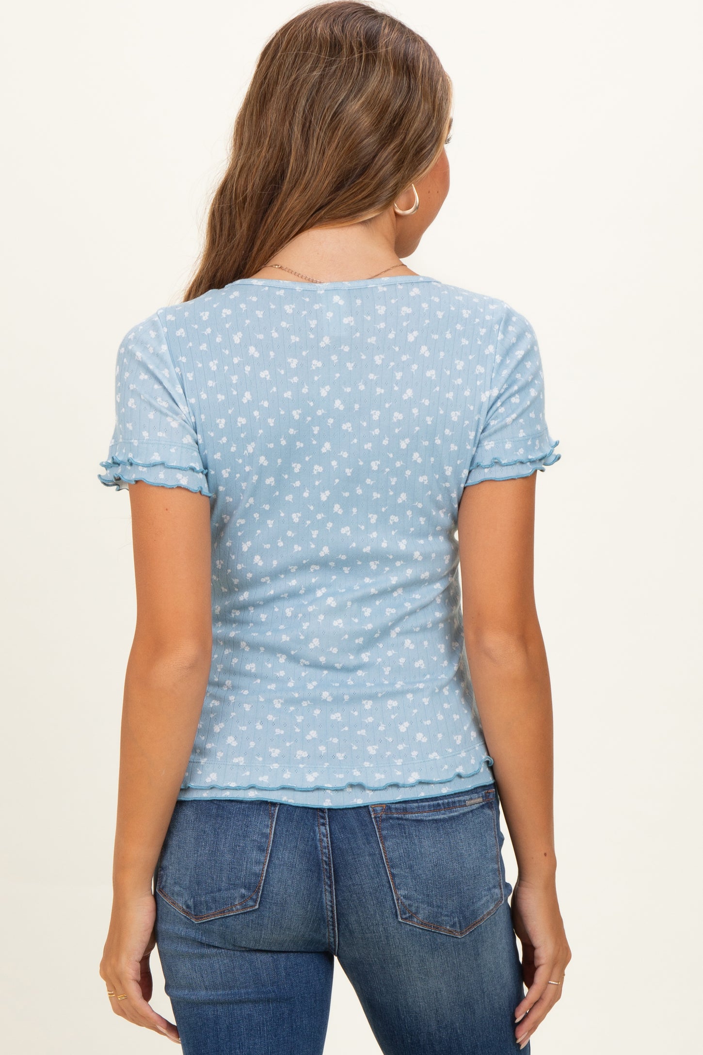 Blue Floral Ruffle Trim Maternity Henley Top