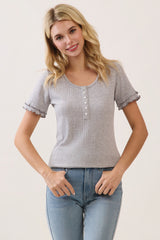 Heather Grey Ruffle Trim Pointelle Knit Maternity Henley Top