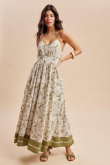 Olive Palm Printed Cutout Tie Back Maternity Maxi Dress