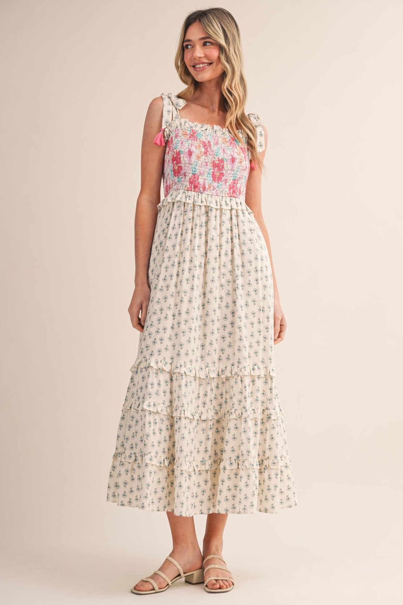 Off White Multi Floral Smocked Maternity Midi Dress