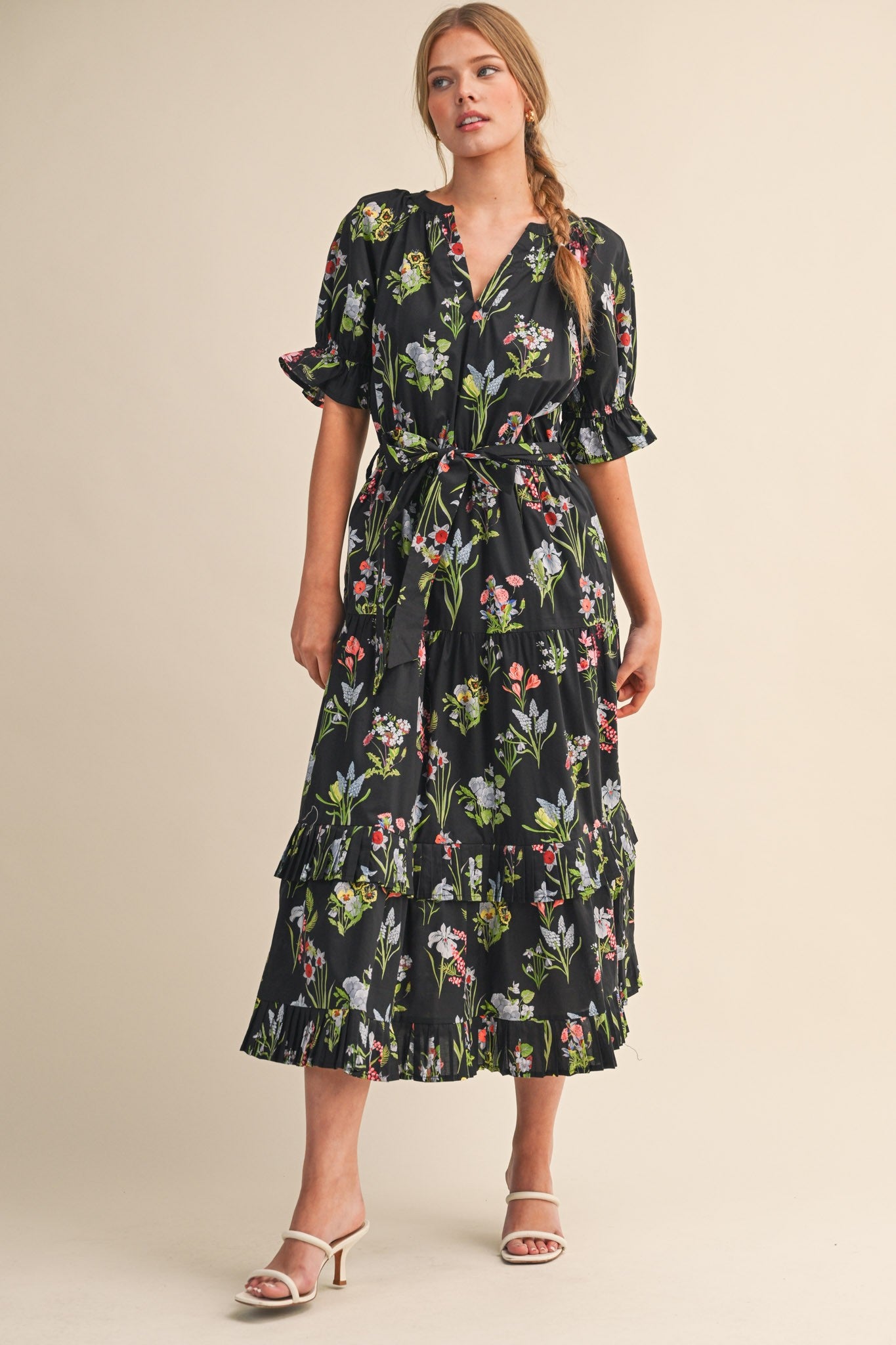 Black Floral Belted Tiered Maternity Midi Dress