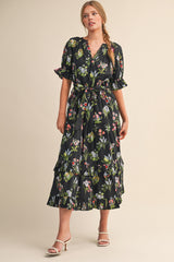 Black Floral Belted Tiered Maternity Midi Dress