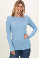 Blue Ribbed Scoop Neck Long Sleeve Maternity Top