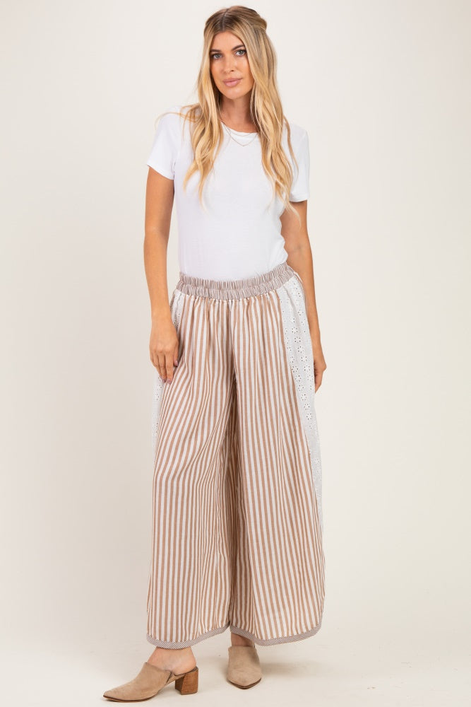 Caramel Stripe Eyelet Lace Maternity Wide Leg Pant