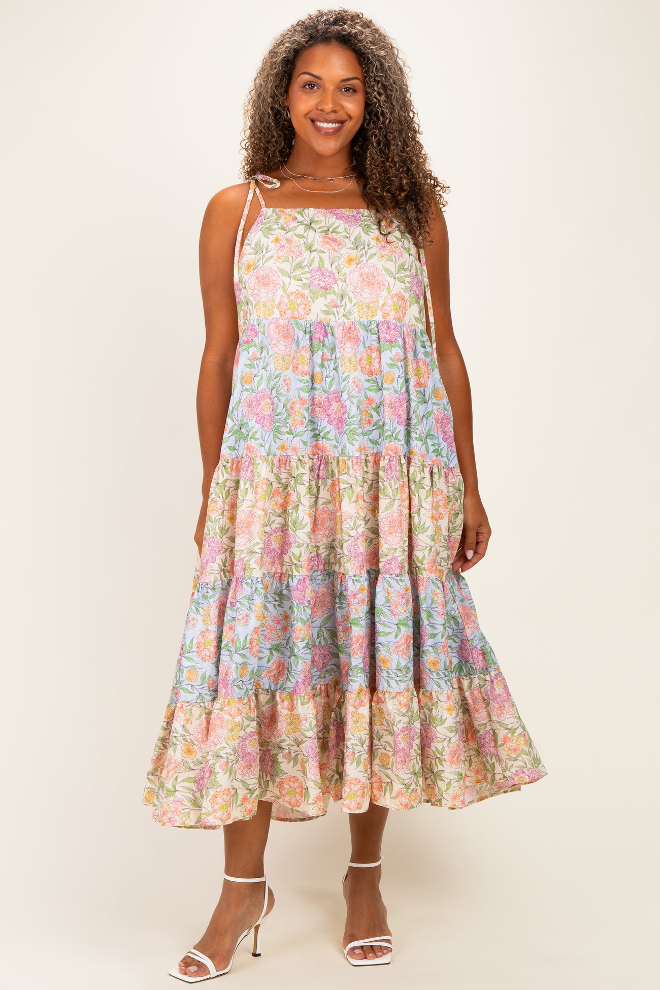 Pink Floral Colorblock Tiered Plus Maxi Dress