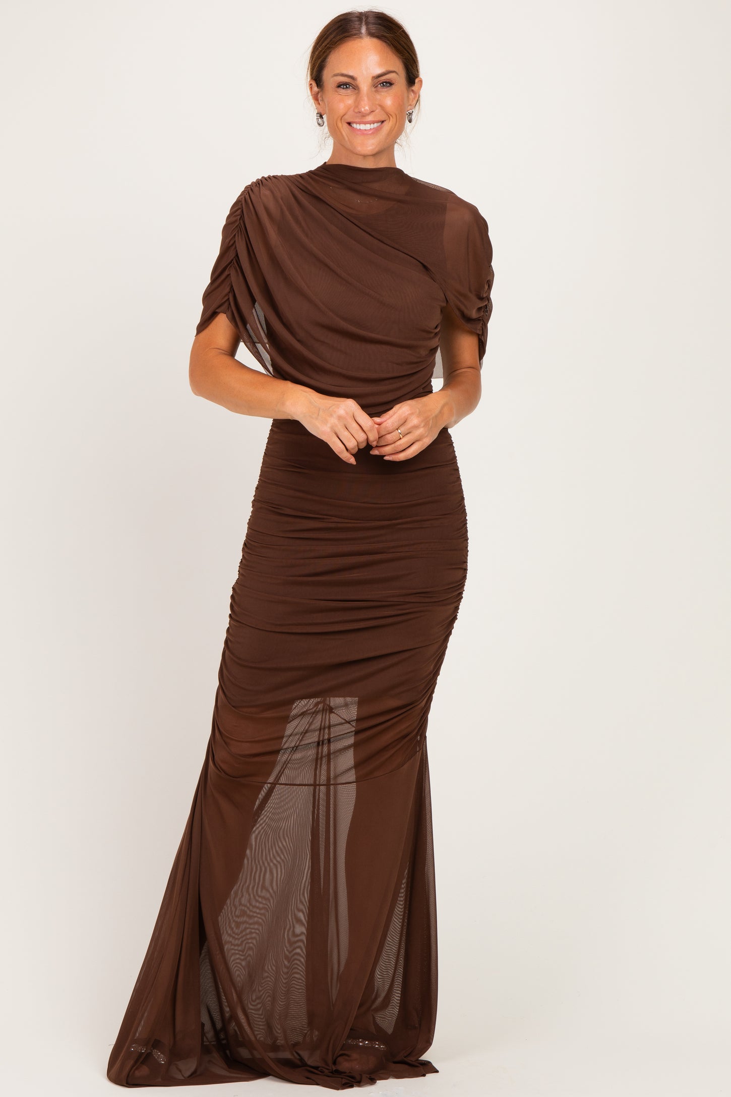 Brown Draped Bodice Ruched Mesh Maternity Maxi Dress