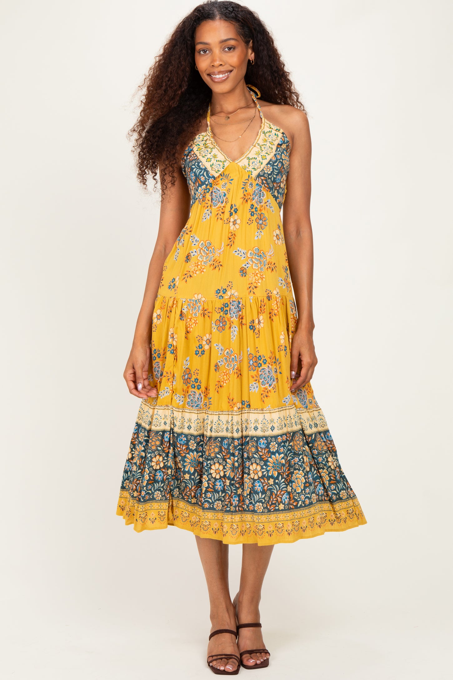 Yellow Mixed Print Halter Maternity Maxi Dress
