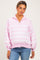 woman wearing a pink striped maternity pullover with a collar and button details