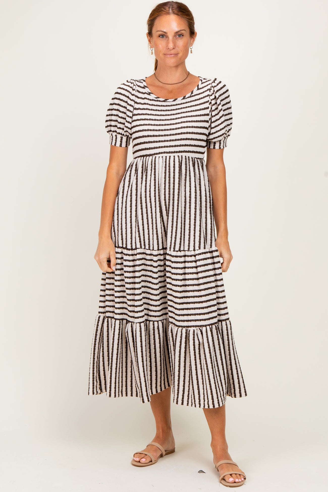 Cream/ Brown Striped Short Sleeve Tiered Maternity Maxi Dress