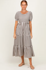 Cream/ Brown Striped Short Sleeve Tiered Maternity Maxi Dress