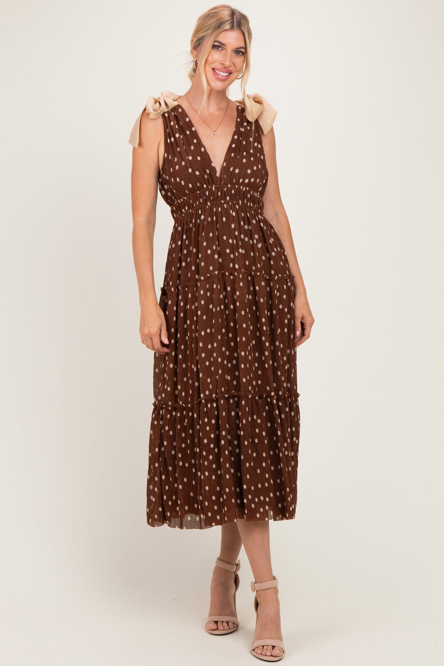 Brown Polka Dot Plisse Shoulder Tie Maternity Dress