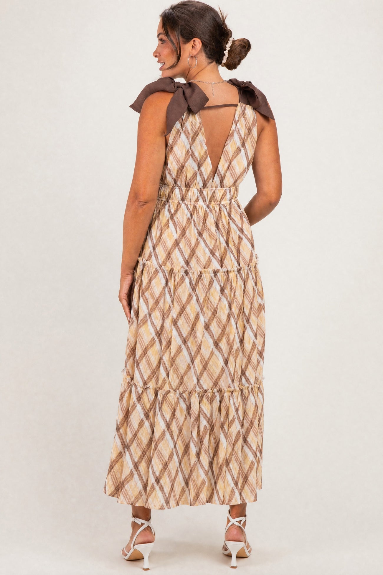 Brown Plaid Shoulder Tie Maternity Dress