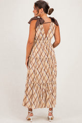 Brown Plaid Shoulder Tie Maternity Dress