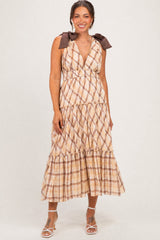 Brown Plaid Shoulder Tie Maternity Dress