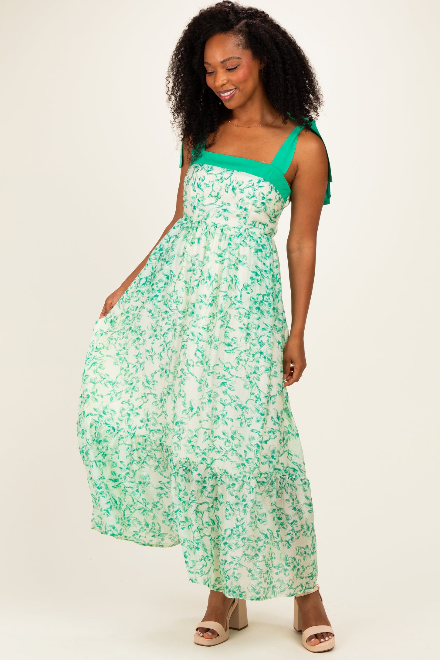Green Floral Shoulder Bow Maternity Maxi Dress