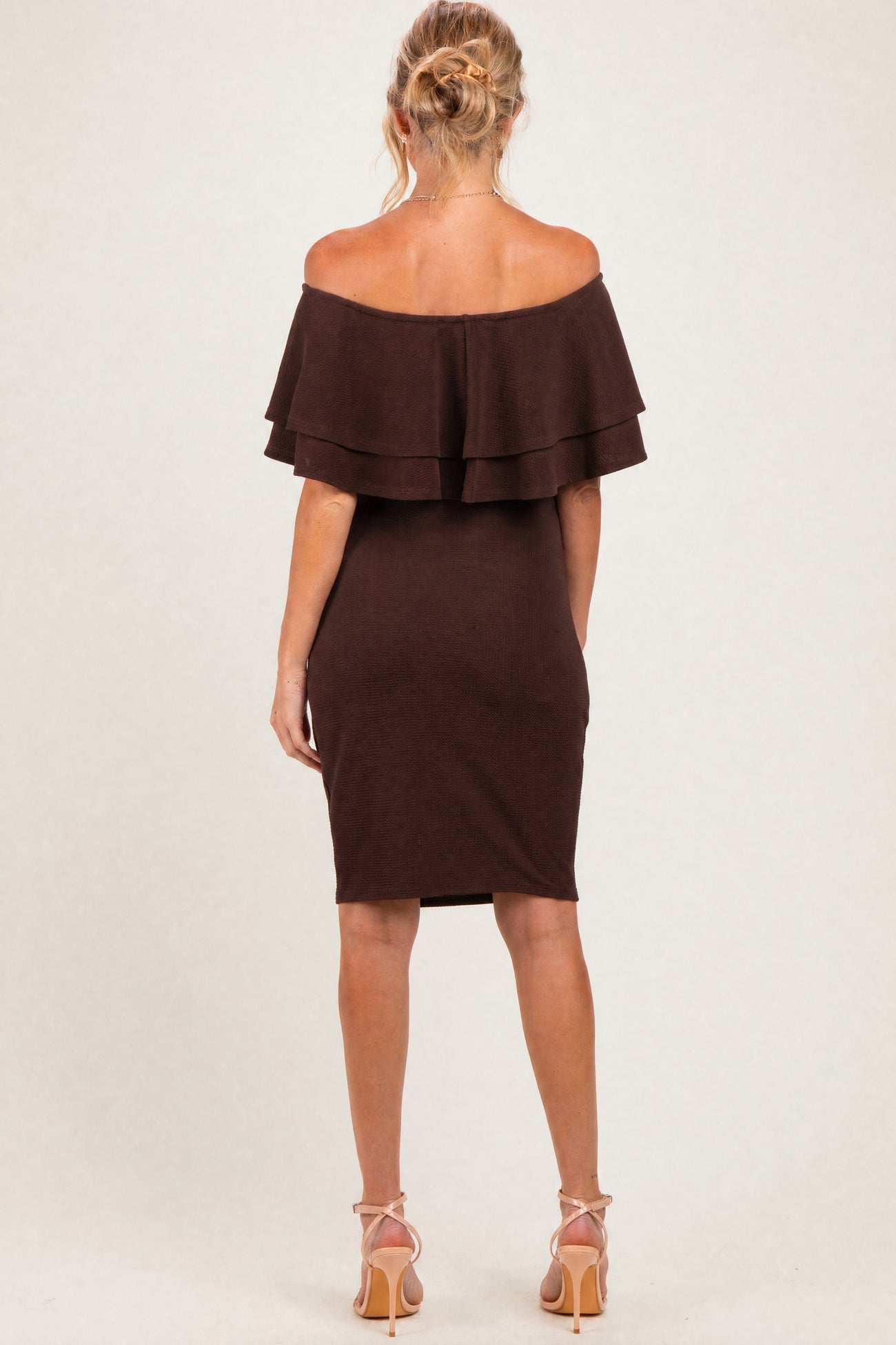 Brown Off Shoulder Ruched Maternity Dress