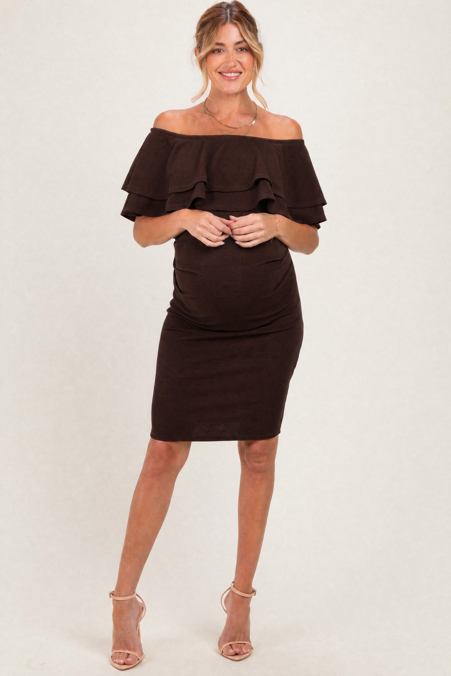 Brown Off Shoulder Ruched Maternity Dress