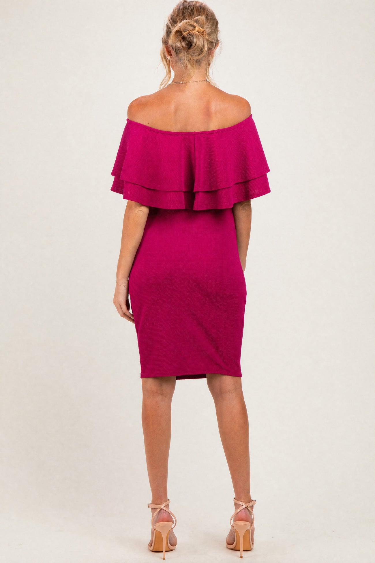Magenta Off Shoulder Ruched Maternity Dress