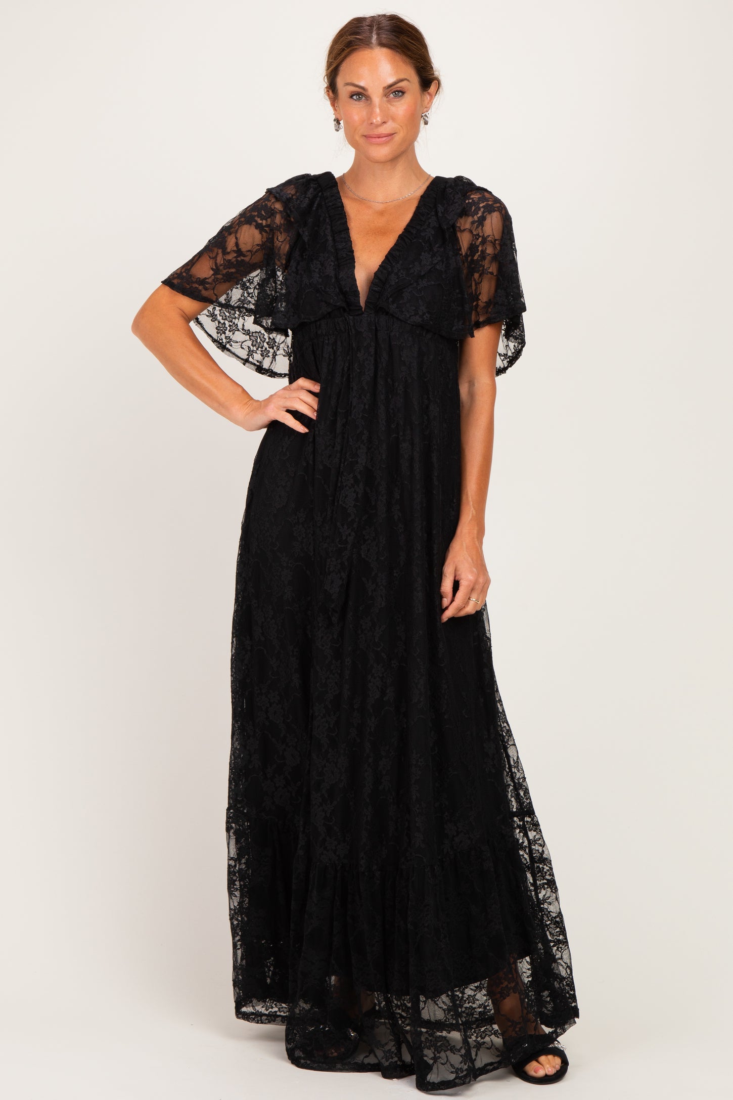 Black Lace Flutter Sleeve Tiered Maternity Maxi Dress