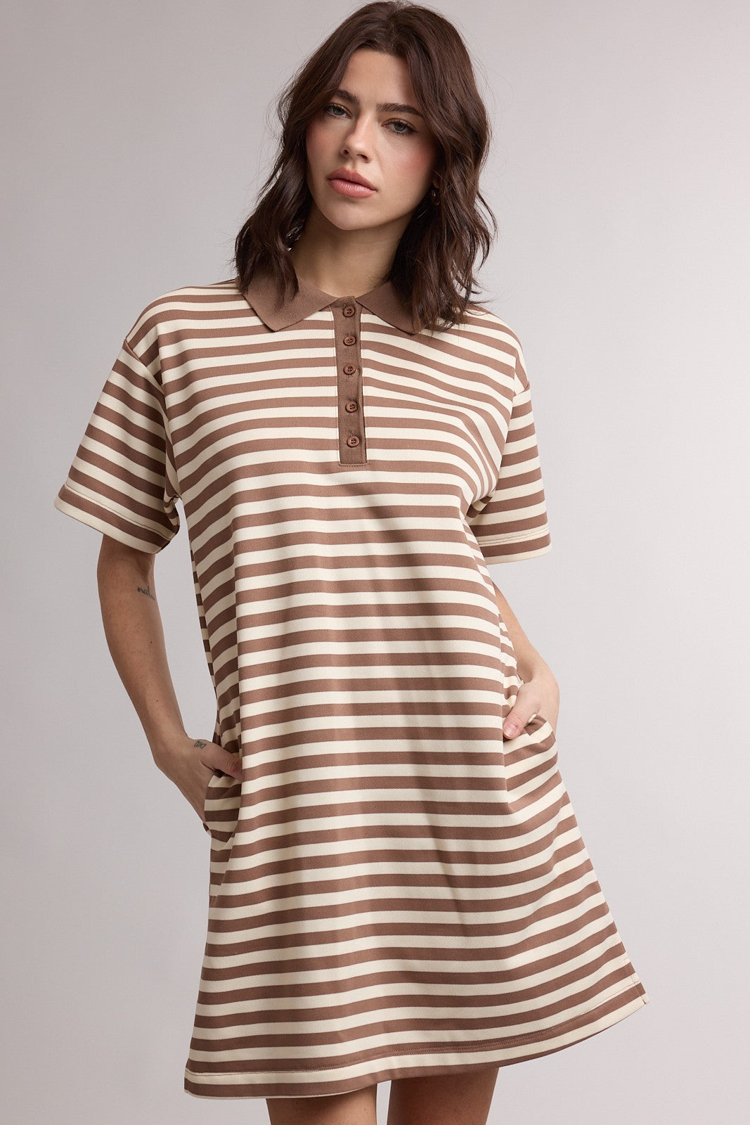 Chestnut Striped Polo Maternity T-Shirt Mini Dress