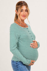 Green Striped Button Henley Maternity Top
