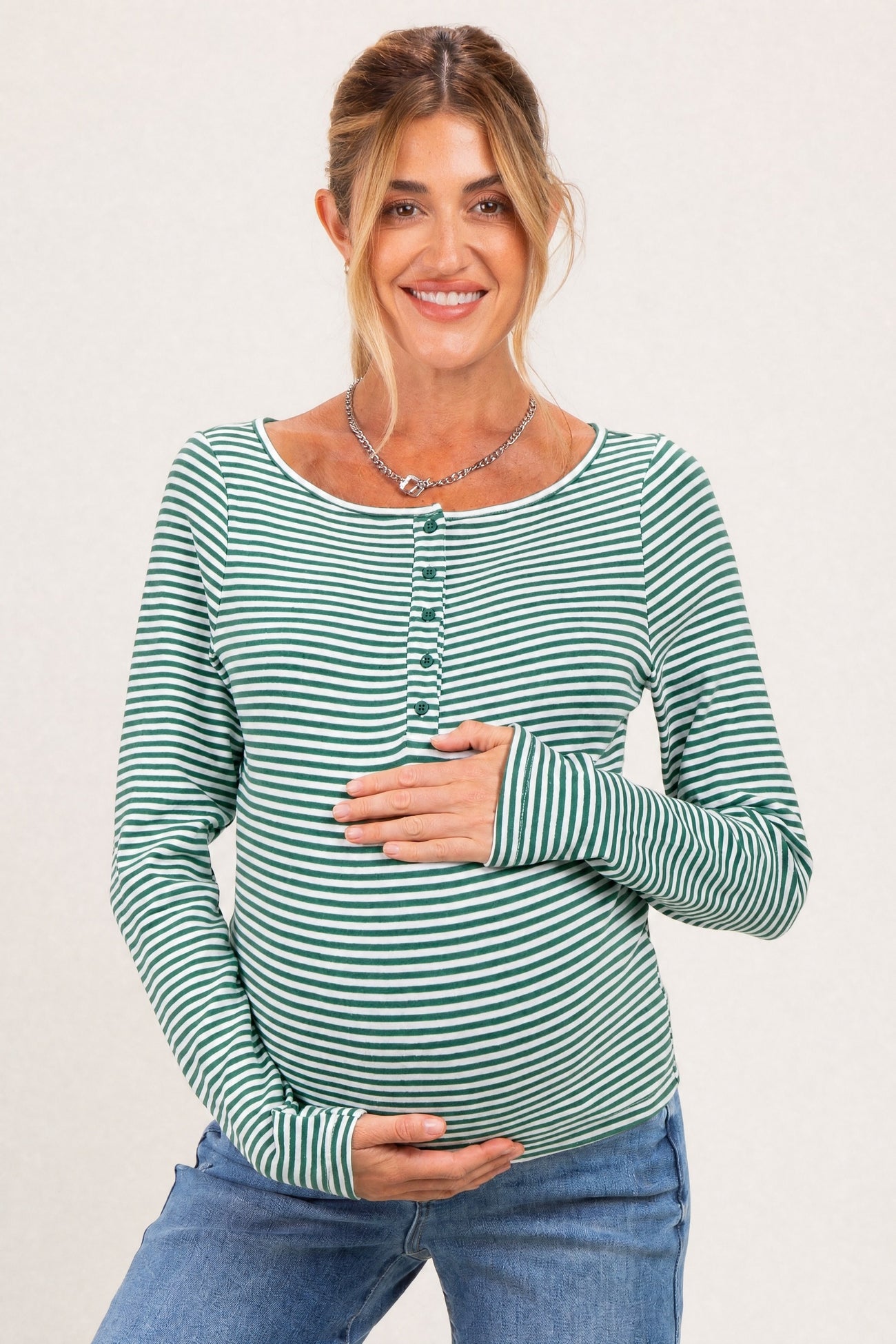 Green Striped Button Henley Maternity Top