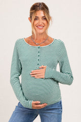 Green Striped Button Henley Maternity Top
