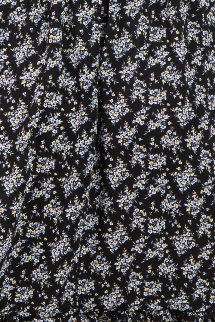 black floral maternity dress with small blue and white flowers
