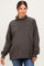 woman wearing a gray oversized maternity sweatshirt with a turtleneck and relaxed fit, showing a baby bump